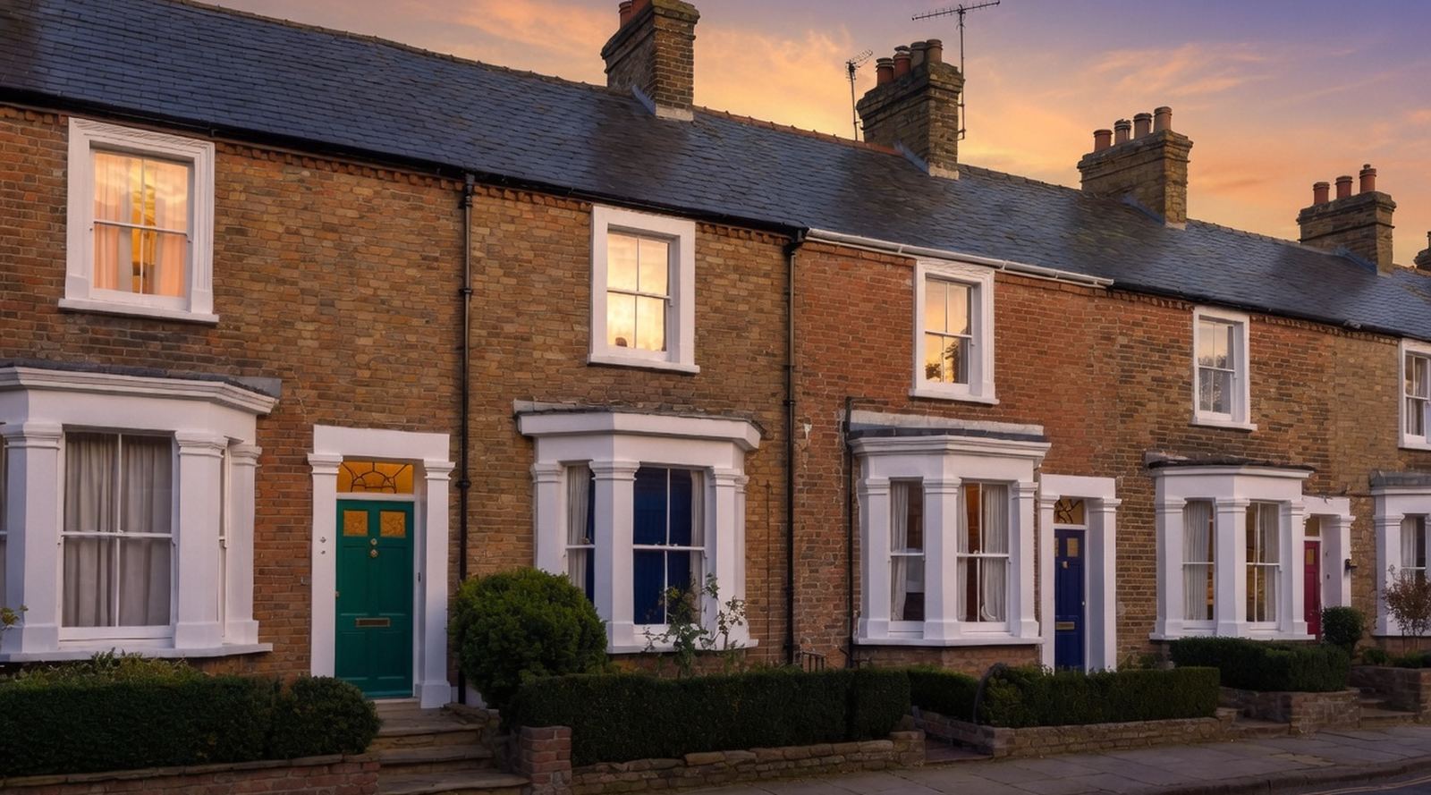 A row of English brick terraced houses at dusk
